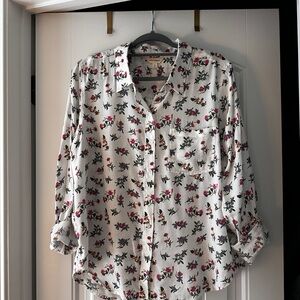 Lucky Brand White Button-Down Shirt with Pink Floral Print